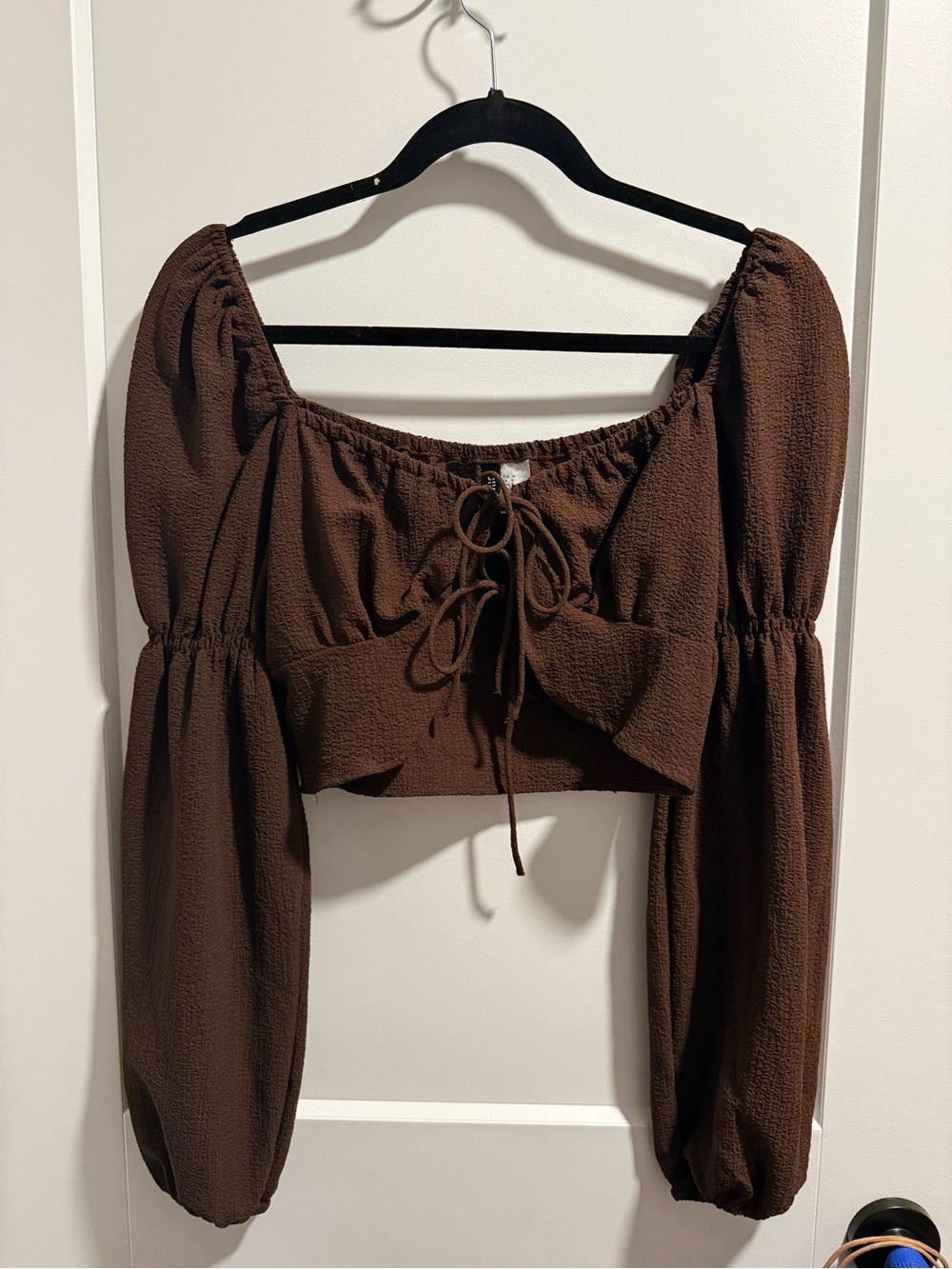H&M Brown Puff-Sleeve Lace-Up Crop Top